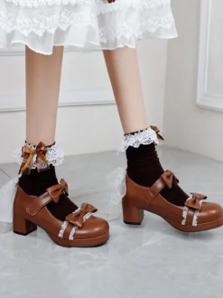 Lolita Footwear Black Round Toe PU Leather Lace Up Sweet Lolita Pumps