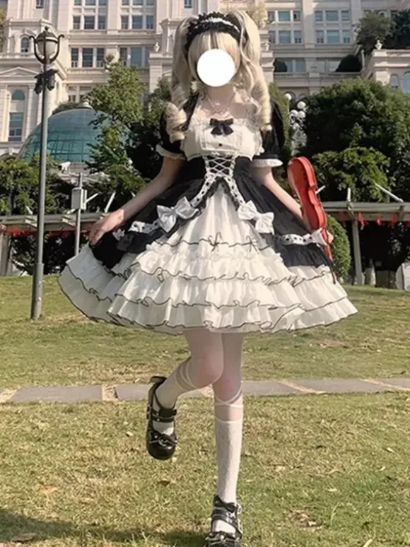 Lolita Jsk Dress And Smock Tow-piece Suit Multi-layer Ruffle Bowknot Sweet Princess Lolita Jsk Dress