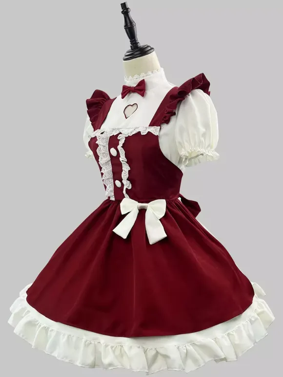 Lolita Maid Christmas Dress Short Sleeve Knee Length Cute Ribbon Cosplay Costume