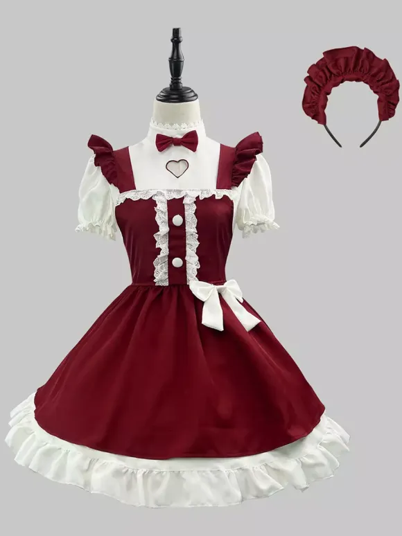 Lolita Maid Christmas Dress Short Sleeve Knee Length Cute Ribbon Cosplay Costume