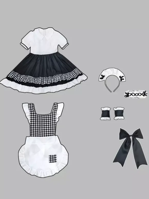 Lolita Maid Outfit Suit Sweet Plaid Uniform Princess Dress Set Anime Cosplay Costumes