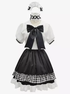 Lolita Maid Outfit Suit Sweet Plaid Uniform Princess Dress Set Anime Cosplay Costumes