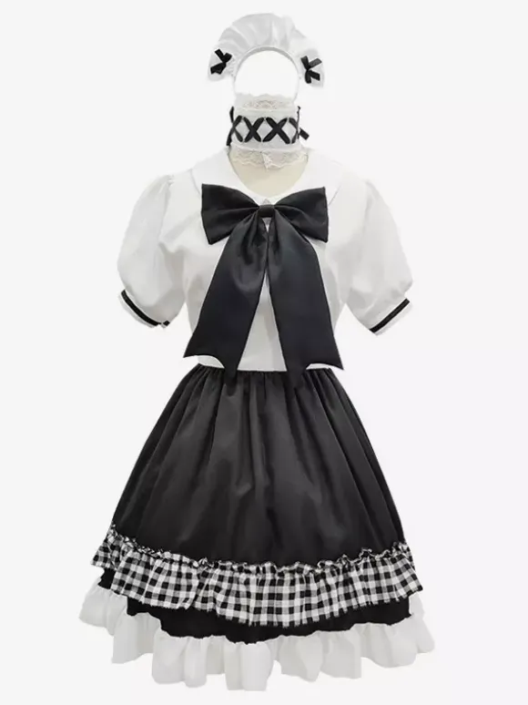 Lolita Maid Outfit Suit Sweet Plaid Uniform Princess Dress Set Anime Cosplay Costumes