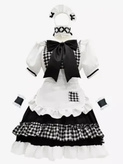 Lolita Maid Outfit Suit Sweet Plaid Uniform Princess Dress Set Anime Cosplay Costumes