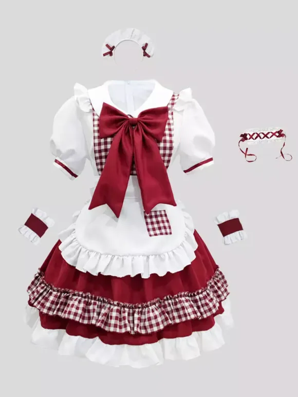 Lolita Maid Outfit Suit Sweet Plaid Uniform Princess Dress Set Anime Cosplay Costumes