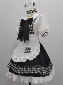 Lolita Maid Outfit Suit Sweet Plaid Uniform Princess Dress Set Anime Cosplay Costumes