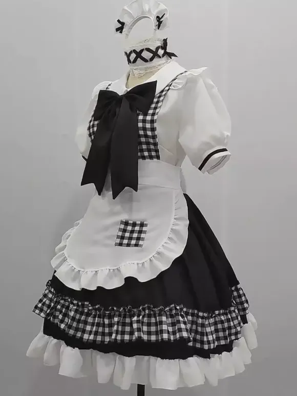 Lolita Maid Outfit Suit Sweet Plaid Uniform Princess Dress Set Anime Cosplay Costumes