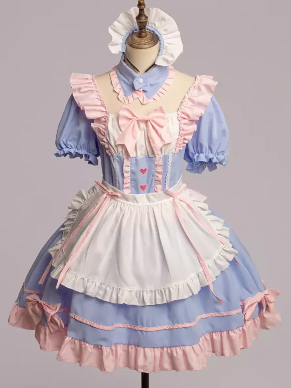 Lolita Pink Maid Outfit Suit Sweet Uniform Princess Dress Set Cosplay Costumes