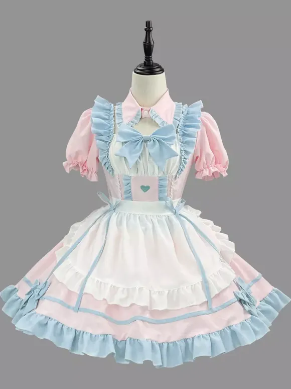 Lolita Pink Maid Outfit Suit Sweet Uniform Princess Dress Set Cosplay Costumes