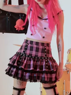 Lolita Skirt Plaid Layered Lace Trim Mini Skirt
