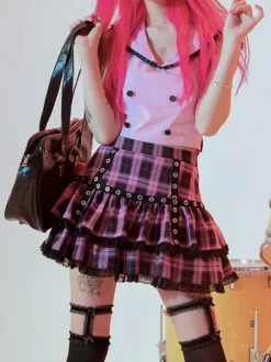 Lolita Skirt Plaid Layered Lace Trim Mini Skirt