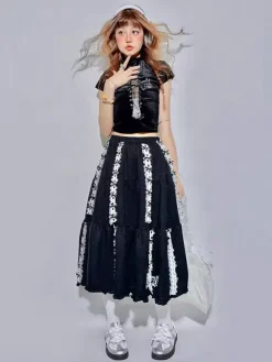 Lolita Skirt Ribbon Lace Embroidery Black A-Line Foldable Long Skirt