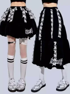 Lolita Skirt Ribbon Lace Embroidery Black A-Line Foldable Long Skirt