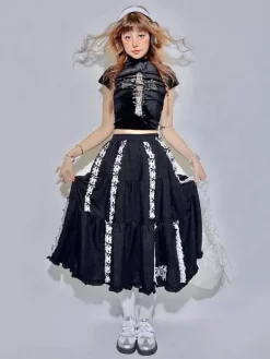 Lolita Skirt Ribbon Lace Embroidery Black A-Line Foldable Long Skirt
