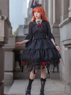 Lolita Specials Lolita Top Vest Costumes Athletic Lolita Black Sleeveless Floral Print