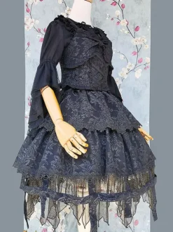 Lolita Specials Lolita Top Vest Costumes Athletic Lolita Black Sleeveless Floral Print