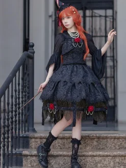 Lolita Specials Lolita Top Vest Costumes Athletic Lolita Black Sleeveless Floral Print