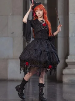 Lolita Specials Lolita Top Vest Costumes Athletic Lolita Black Sleeveless Floral Print