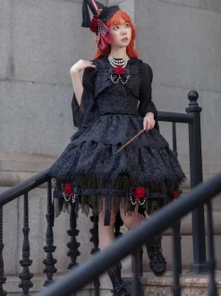 Lolita Specials Lolita Top Vest Costumes Athletic Lolita Black Sleeveless Floral Print