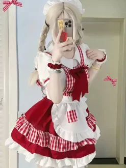 Lolita Specials sweet Lolita Lolita Dresses Costumes Sweet Lolita Dress Polyester Short Sleeves Bows Dress Sweet Red Lolita Dress Tea Party Plaid