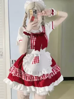 Lolita Specials sweet Lolita Lolita Dresses Costumes Sweet Lolita Dress Polyester Short Sleeves Bows Dress Sweet Red Lolita Dress Tea Party Plaid