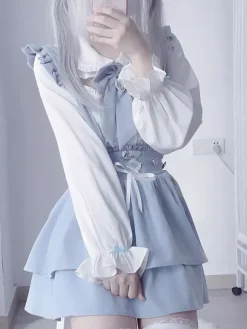 Lolita Tow-piece Suit Short Sleeves Ruffles Blouse And Lace Up Layered Jumper Skirt