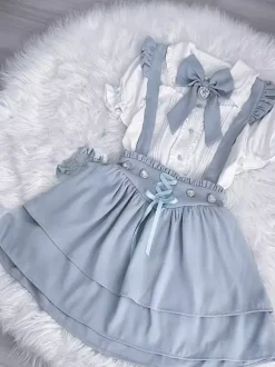 Lolita Tow-piece Suit Short Sleeves Ruffles Blouse And Lace Up Layered Jumper Skirt