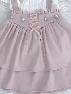 Lolita Tow-piece Suit Short Sleeves Ruffles Blouse And Lace Up Layered Jumper Skirt