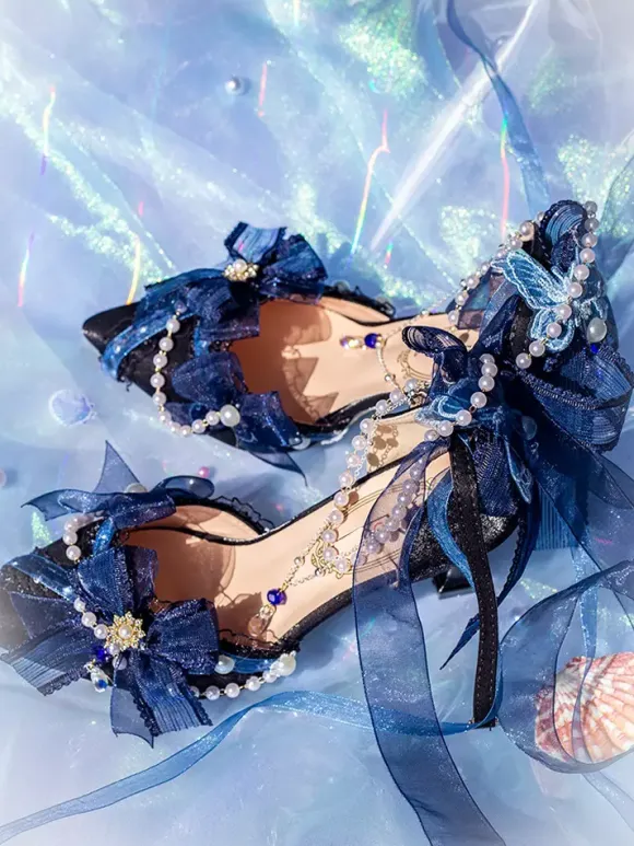 Lolita Wedding Dress Lolita Footwear Pink Color Block Bows Pearls Ruffles Pointed Toe Lolita Shoes