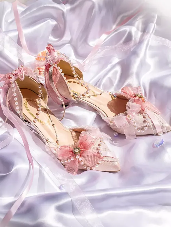 Lolita Wedding Dress Lolita Footwear Pink Color Block Bows Pearls Ruffles Pointed Toe Lolita Shoes