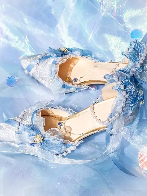 Lolita Wedding Dress Lolita Footwear Pink Color Block Bows Pearls Ruffles Pointed Toe Lolita Shoes