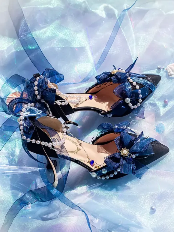 Lolita Wedding Dress Lolita Footwear Pink Color Block Bows Pearls Ruffles Pointed Toe Lolita Shoes