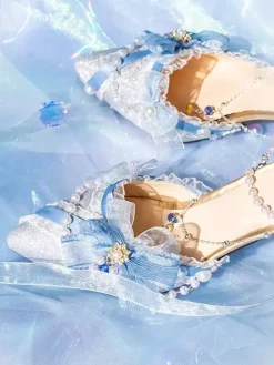 Lolita Wedding Dress Lolita Footwear Pink Color Block Bows Pearls Ruffles Pointed Toe Lolita Shoes