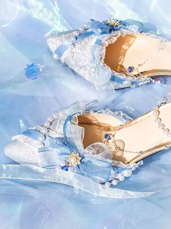 Lolita Wedding Dress Lolita Footwear Pink Color Block Bows Pearls Ruffles Pointed Toe Lolita Shoes