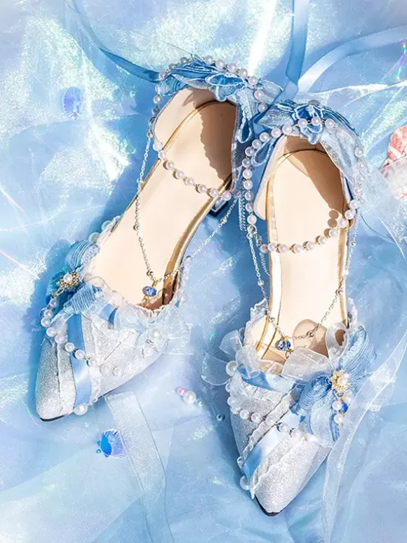 Lolita Wedding Dress Lolita Footwear Pink Color Block Bows Pearls Ruffles Pointed Toe Lolita Shoes