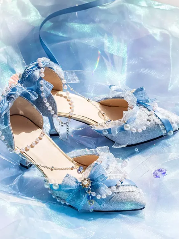 Lolita Wedding Dress Lolita Footwear Pink Color Block Bows Pearls Ruffles Pointed Toe Lolita Shoes