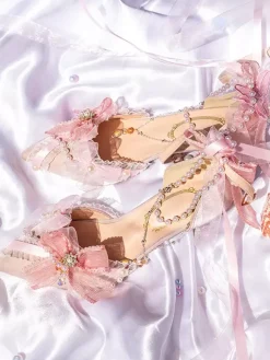 Lolita Wedding Dress Lolita Footwear Pink Color Block Bows Pearls Ruffles Pointed Toe Lolita Shoes