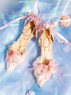 Lolita Wedding Dress Lolita Footwear Pink Color Block Bows Pearls Ruffles Pointed Toe Lolita Shoes