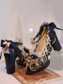Lolita Wedding Dress Lolita Footwear Ecru White Lace Flowers Chains PU Leather Chunky Heel Lolita Shoes
