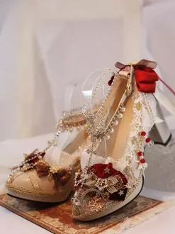 Lolita Wedding Dress Lolita Footwear Ecru White Lace Flowers Chains PU Leather Chunky Heel Lolita Shoes