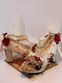 Lolita Wedding Dress Lolita Footwear Ecru White Lace Flowers Chains PU Leather Chunky Heel Lolita Shoes