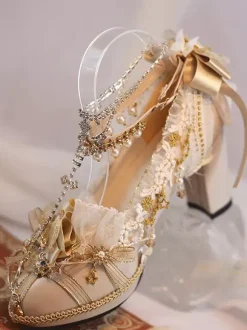 Lolita Wedding Dress Lolita Footwear Ecru White Lace Flowers Chains PU Leather Chunky Heel Lolita Shoes