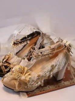 Lolita Wedding Dress Lolita Footwear Ecru White Lace Flowers Chains PU Leather Chunky Heel Lolita Shoes