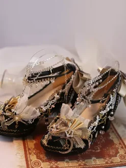 Lolita Wedding Dress Lolita Footwear Ecru White Lace Flowers Chains PU Leather Chunky Heel Lolita Shoes
