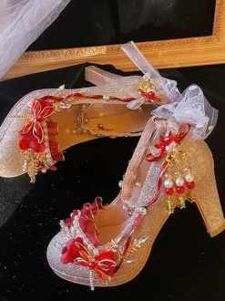 Lolita Wedding Dress Lolita Footwear Gold Color Block Pearls Chains Flowers Round Toe PU Leather Lolita Pumps