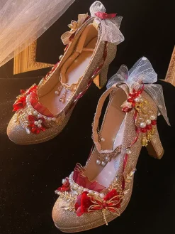 Lolita Wedding Dress Lolita Footwear Gold Color Block Pearls Chains Flowers Round Toe PU Leather Lolita Pumps