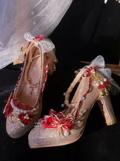 Lolita Wedding Dress Lolita Footwear Gold Color Block Pearls Chains Flowers Round Toe PU Leather Lolita Pumps