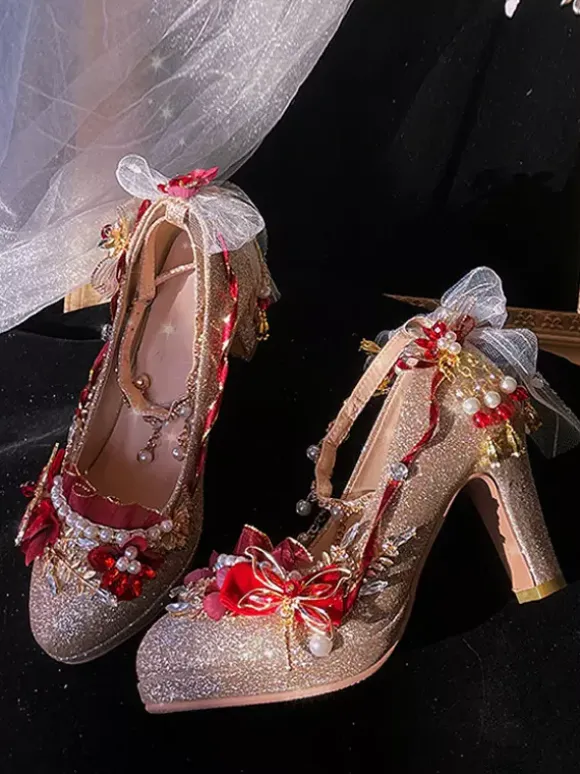 Lolita Wedding Dress Lolita Footwear Gold Color Block Pearls Chains Flowers Round Toe PU Leather Lolita Pumps