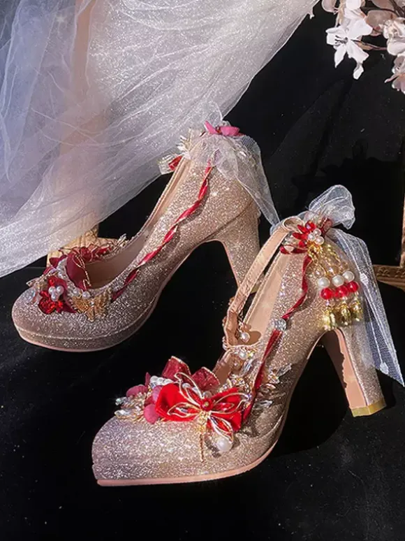 Lolita Wedding Dress Lolita Footwear Gold Color Block Pearls Chains Flowers Round Toe PU Leather Lolita Pumps