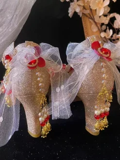 Lolita Wedding Dress Lolita Footwear Gold Color Block Pearls Chains Flowers Round Toe PU Leather Lolita Pumps
